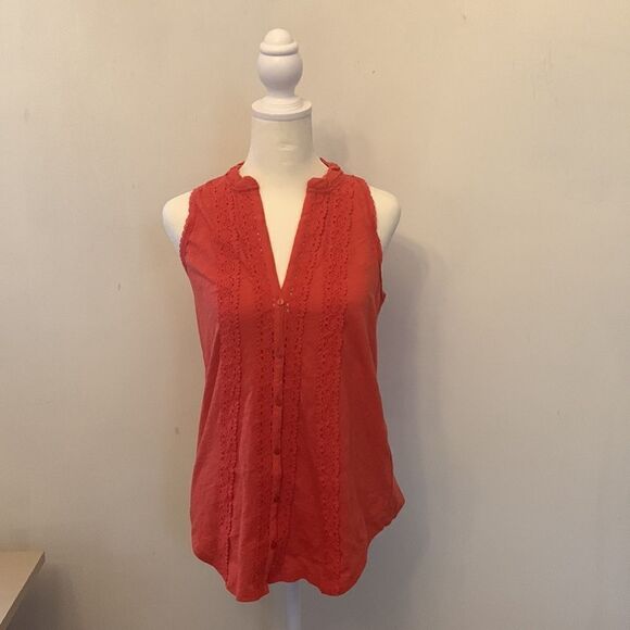 Anthropologie orangish red mixed media sleeveless blouse Size XS NWT - Picture 2 of 10